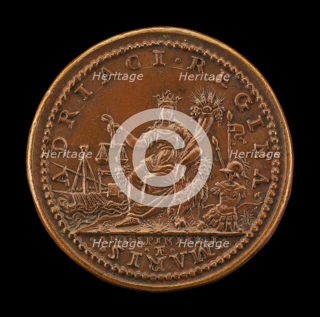 Venice Crowned Holding Cornucopiae and Scales, Galley and Arms [reverse], 1539. Creator: Andrea Spinelli.