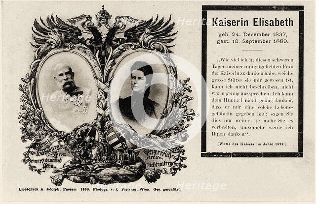 Memorial postcard of the Emperor Franz Joseph I, and the Empress Elisabeth of Austria, 1898. Creator: Adolph, Alphons (1853-1934).