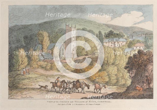 View of the Church and Village of St. Cue, Cornwall, from "Views in Cornwall", A..., April 12, 1812. Creator: Thomas Rowlandson.
