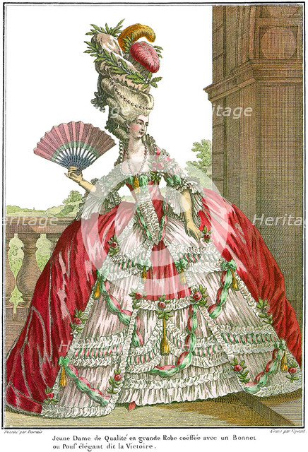 French court dress with wide panniers, 1778. Artist: Desrais, Claude Louis (1746-1816)
