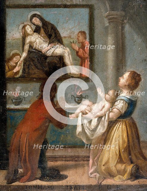 A man and a woman holding a baby before an altar, 18th (?) century. Creator: Unknown.