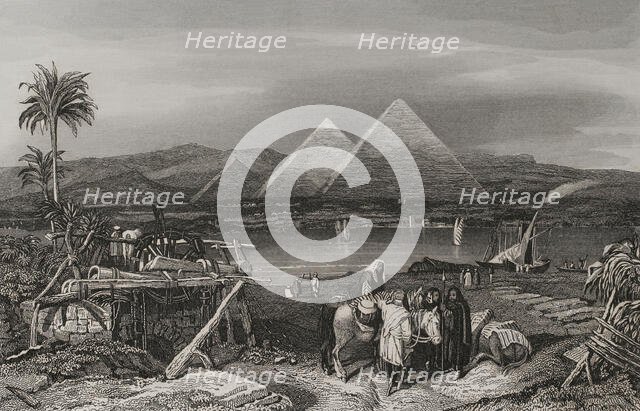 Pyramids from the banks of the Nile, Egypt, 1840.  Creator: Émile Rouargue.