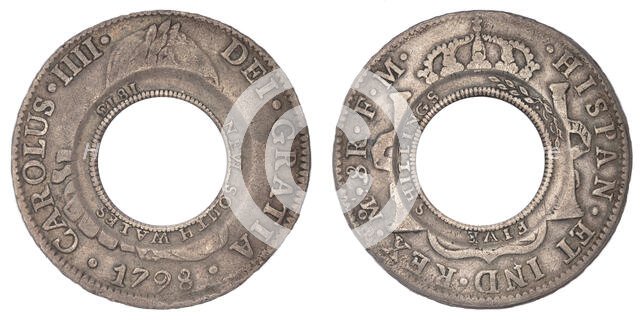 Holey Dollar, New South Wales, minted 1813, from Spanish silver dollar from 1798, 1813. Creator: Numismatic, West European Coins  .