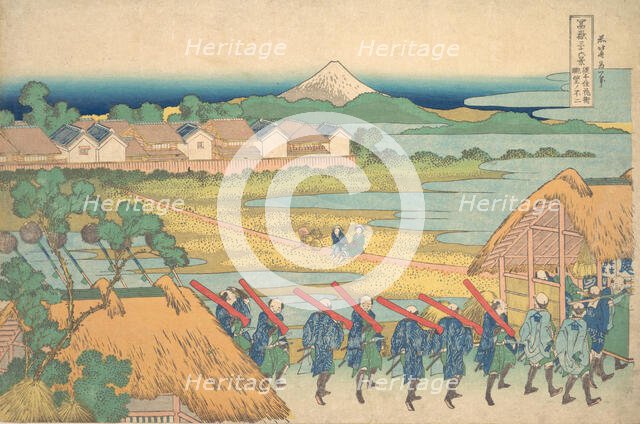 Fuji Seen in the Distance from Senju Pleasure Quarter (Senju kagai yori chobo no Fu..., ca. 1830-32. Creator: Hokusai.