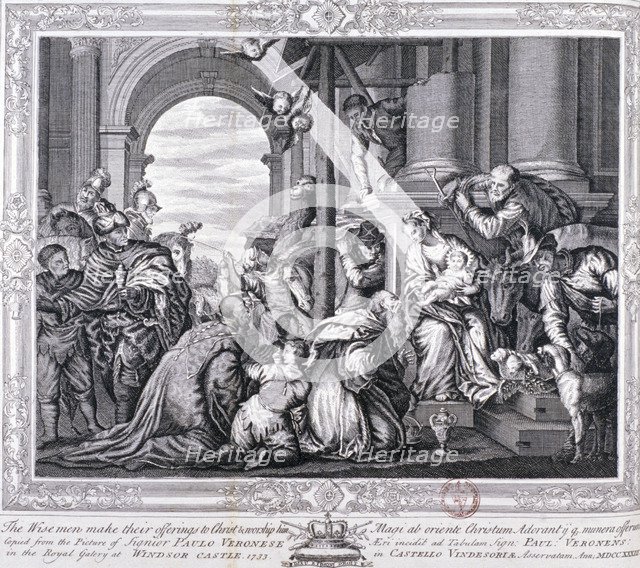 The Three Wise Men make their offerings to Christ and worship him, 1733. Artist: Anon