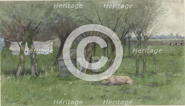 Farmyard with lying pig, 1882. Creator: Nicolaas Bastert.