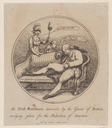 The State Watchman Discovered by the Genius of Britain Studying Plans for the..., December 10, 1781. Creator: Thomas Rowlandson.