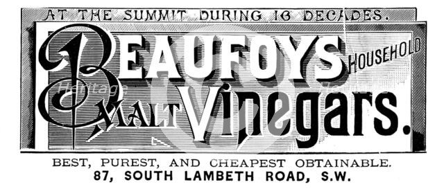 Advertisement for Beaufoys Household Malt Vinegars, 1890. Creator: Unknown.