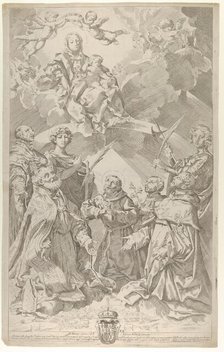 Patron saints of Bologna looking upwards at the Virgin who is seated in the clouds with..., 1640-50. Creator: Flaminio Torre.