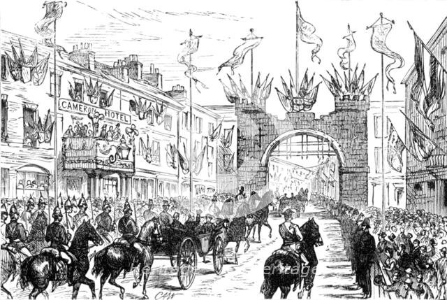 The Royal Visit to Swansea: the procession passing the Old City Arch, 1881. Creator: Unknown.