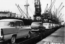 Vauxhall Victors for export at docks 1958. Creator: Unknown.