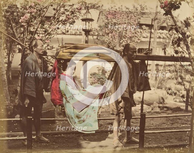 [Japanese Woman in a Chair Carried by Two Men], 1870s. Creator: Unknown.