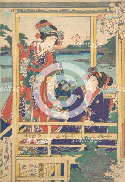 Two Beauties at Spring Garden with a Pond, ca. 2nd month, 1864. Creator: Toyohara Kunichika.