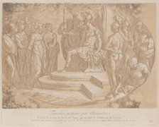 Alexander the Great freeing Timoclea; from 'Recueil d'estampes d'après les plus bea..., ca. 1729-40. Creators: Caylus, Anne-Claude-Philippe de, Nicolas Le Sueur.