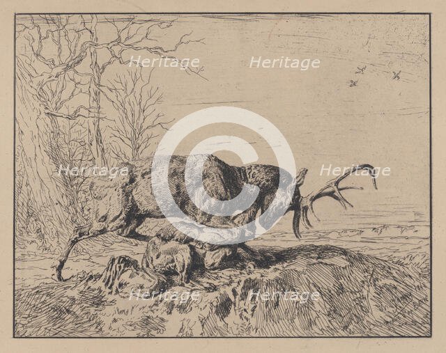 Stag Fighting a Wolf, after Antoine Louis Barye, 1846. Creator: Charles Emile Jacque.