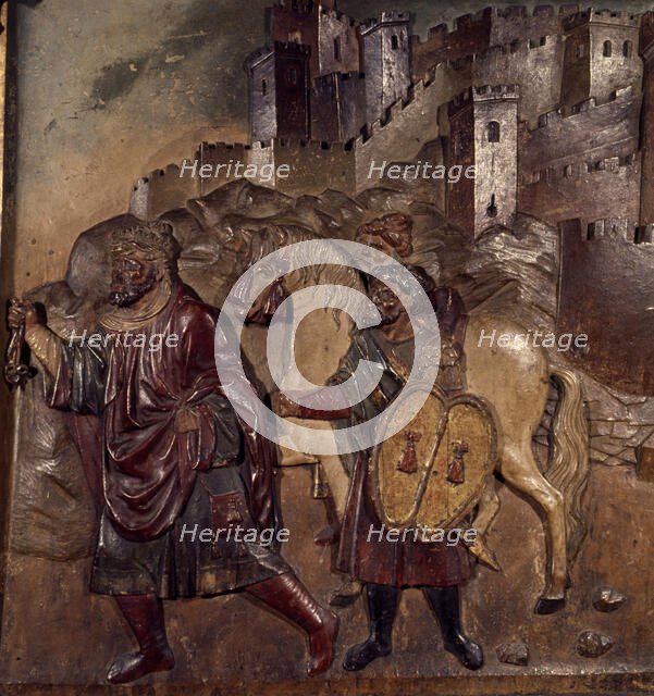 Boabdil leaving the Alhambra, bas-relief of the main altarpiece of the Royal Chapel..., 16th cent. Creator: Bigarny, Felipe (1475-1542).