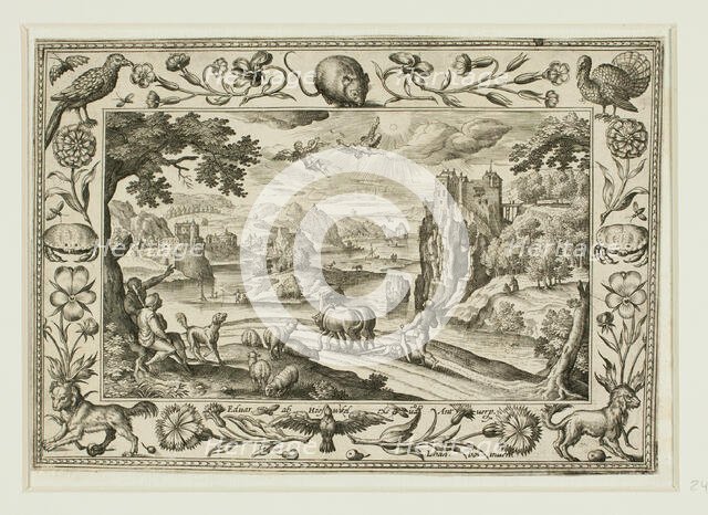 The Fall of Icarus, from Landscapes with Old and New Testament Scenes and Hunting Scenes, 1584. Creator: Adriaen Collaert.