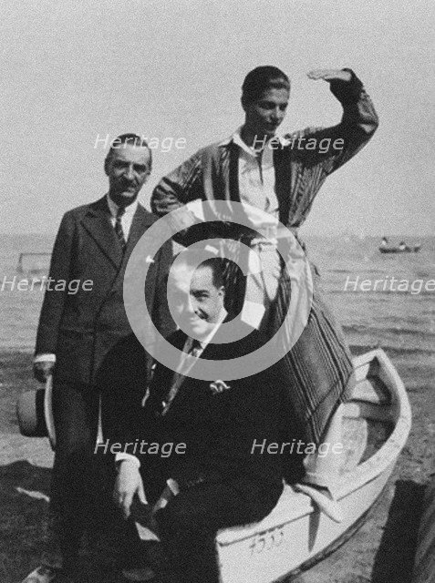 Walter Nouvel, Serge Diaghilev and Serge Lifar on the Lido in Venice, 1927.