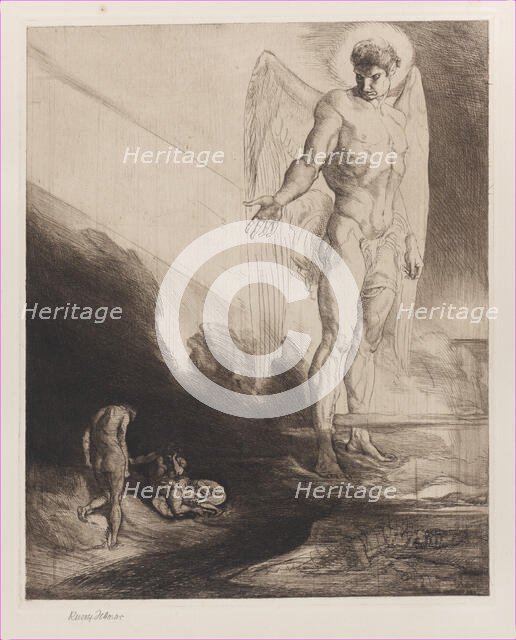 Lucifer Abandons Cain to his Fate, from Eight Etchings on Byron's Cain , 1919-1920. Creator: Rudolf Jettmar.