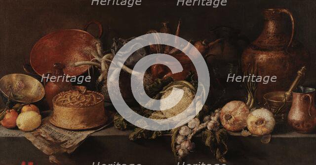 Still life with vegetables and kitchen utensils. Creator: Pereda y Salgado, Antonio, de (1611-1678).