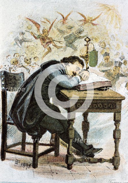 Illustration in 'El Sueño de las calaveras' (The Dream of Skulls) by Francisco de Quevedo, 19th c…