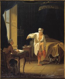 Voltaire on rising in Ferney, dictating to his secretary Collini, c1772. Creator: Jean Huber.