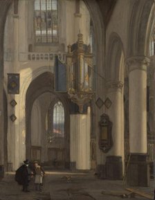 Interior of a Protestant Gothic Church with Motifs from the Oude and Nieuwe Kerk in Amsterdam, 1677. Creator: Emanuel de Witte.