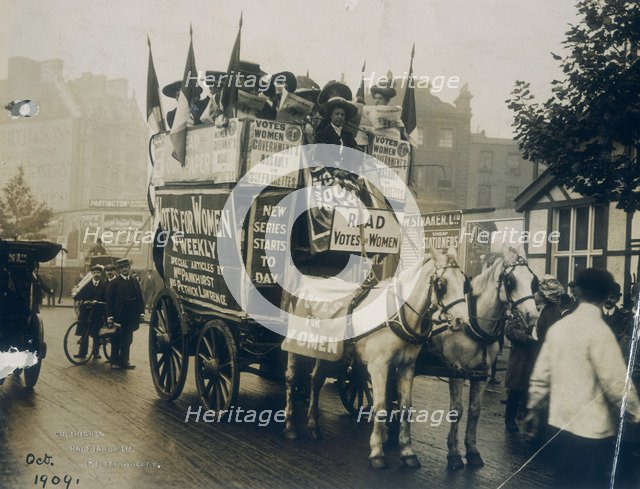 Votes for Women cart, October 1909. Artist: Unknown