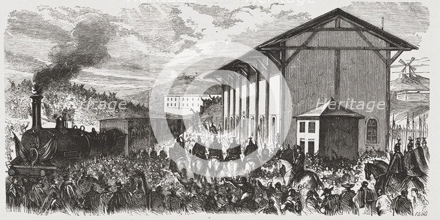 Journey of His Majesty King Alphonse  XII to Valencia, train departure, engraving from 1875.