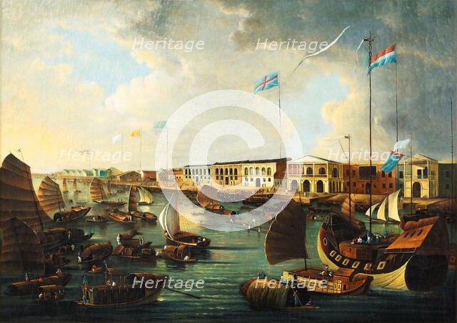 View of the Canton Factories, the Pearl River and junks and other vessels, Early 19th cen.. Creator: Anonymous ().