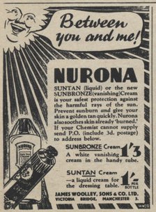 Nurona suntan preparations, 1939. Artist: Unknown