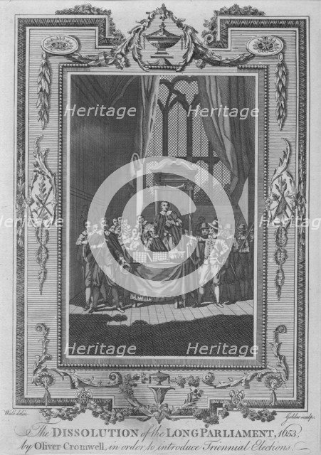'The Dissolution of the Long Parliament, 1653, by Oliver Cromwell, in order to intoduce Triennal Ele Artist: John Goldar.