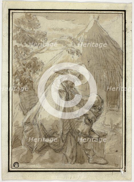 Seated Man in Mantle by Thatched Hut, n.d. Creator: Unknown.