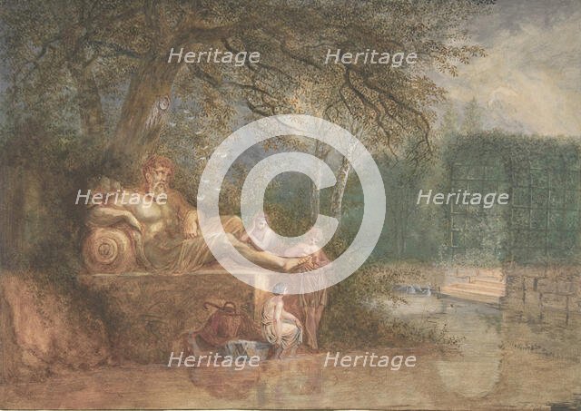 A Park with Figures at a Statue near Water, 1775 (?). Creator: Salomon Gessner.