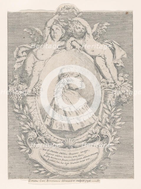 Portrait of Giovanni Girolamo Sbaraglia, within an oval flanked by two putti on cornucopia..., 1716. Creator: Donato Creti.
