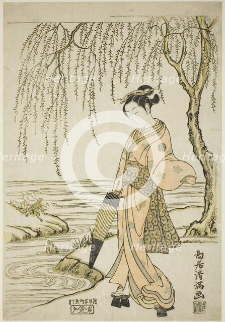 A Young Woman Watching Frogs (parody of Ono no Tôfû), c. 1760. Creator: Torii Kiyomitsu.