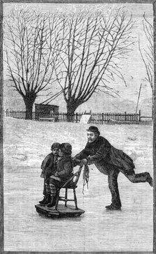 Scenes on the frozen Thames: an extemporised sledge, 1881. Creator: Unknown.