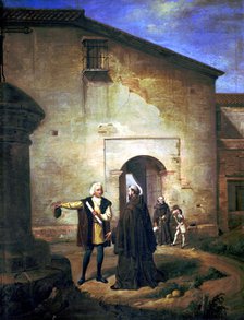Christopher Columbus (1451 - 1506), navigator and explorer, oil painting 'Arrival at La Rabida fo…