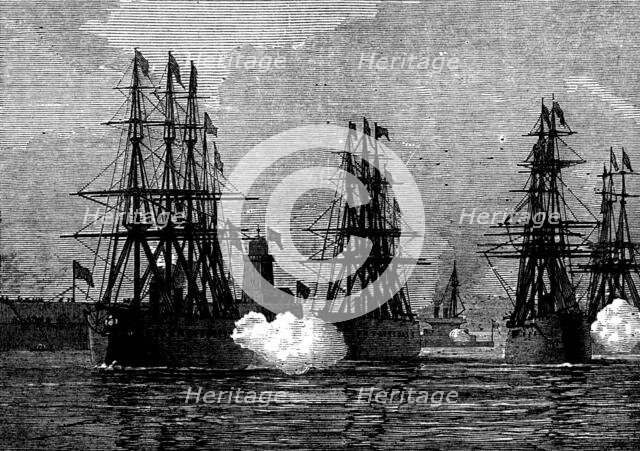 The Ironclad Squadron saluting at the Holyhead breakwater, 1873. Creator: Unknown.
