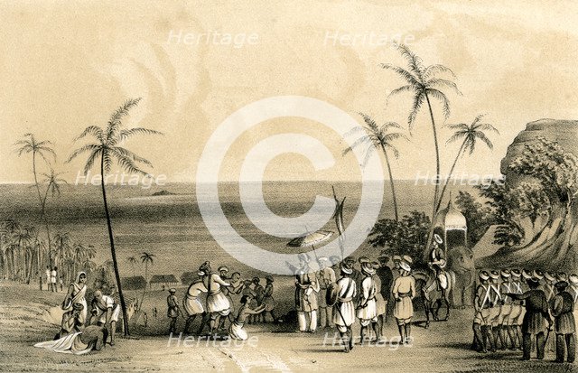 'The merchants of Calicut seized and chained to a barren rock by order of Tippoo Saib', (1847). Artist: Unknown