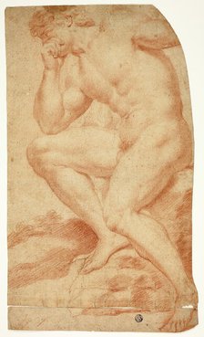 Seated Academic Male Nude in Profile to Left, 17th century. Creator: Andrea Camassei.