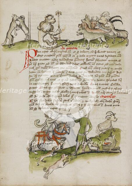A Wolf Fighting with a Ram and a Lion with a Scepter before a Group..., third quarter of 15th cent. Creator: Unknown.