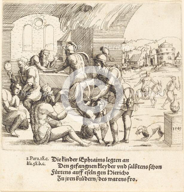 The Men of Ephraim Care for their Captives and Return Them to Jerico, 1549. Creator: Augustin Hirschvogel.