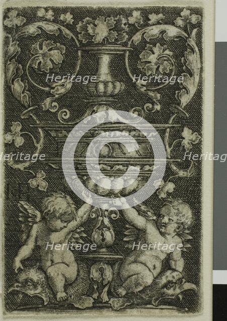 Ornament with Vase and Two Genii at Foot, 1520/69. Creator: Jacob Binck.