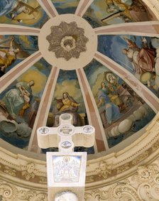 Sanctuary of Our Lady of Balma, crossing in the access to the monastery with a temple and a decor…