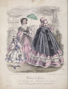 Two women and a child wearing the latest fashions in a garden setting, 1858. Artist: Anon