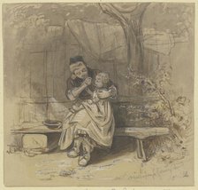 Woman feeding a small child outdoors, 1842. Creator: Jakob Dielmann.