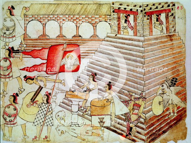 Aztec warriors defending the temple of Tenochtitlan against Conquistadors, 1519-1521. Artist: Unknown