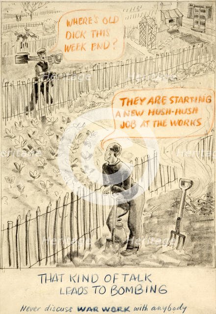 'That kind of talk leads to bombing. Never discuss war...', WWII poster, between 1939 and 1946. Creators: Central Office of Information, Unknown.