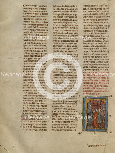 King Pelias Meeting the Giant, Who Holds Sadoch and Celynde Prisoner, about 1320-1340. Creator: Unknown.